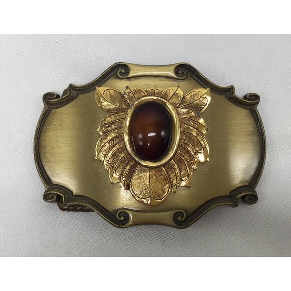 1980 Raintree Brass Belt Buckle Brown Oval Cabochon - Picture 1 of 3